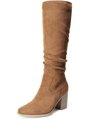 DREAM PAIRS Women's Camel Slouchy Knee-High Chunky Block Heel Boots Pull-On